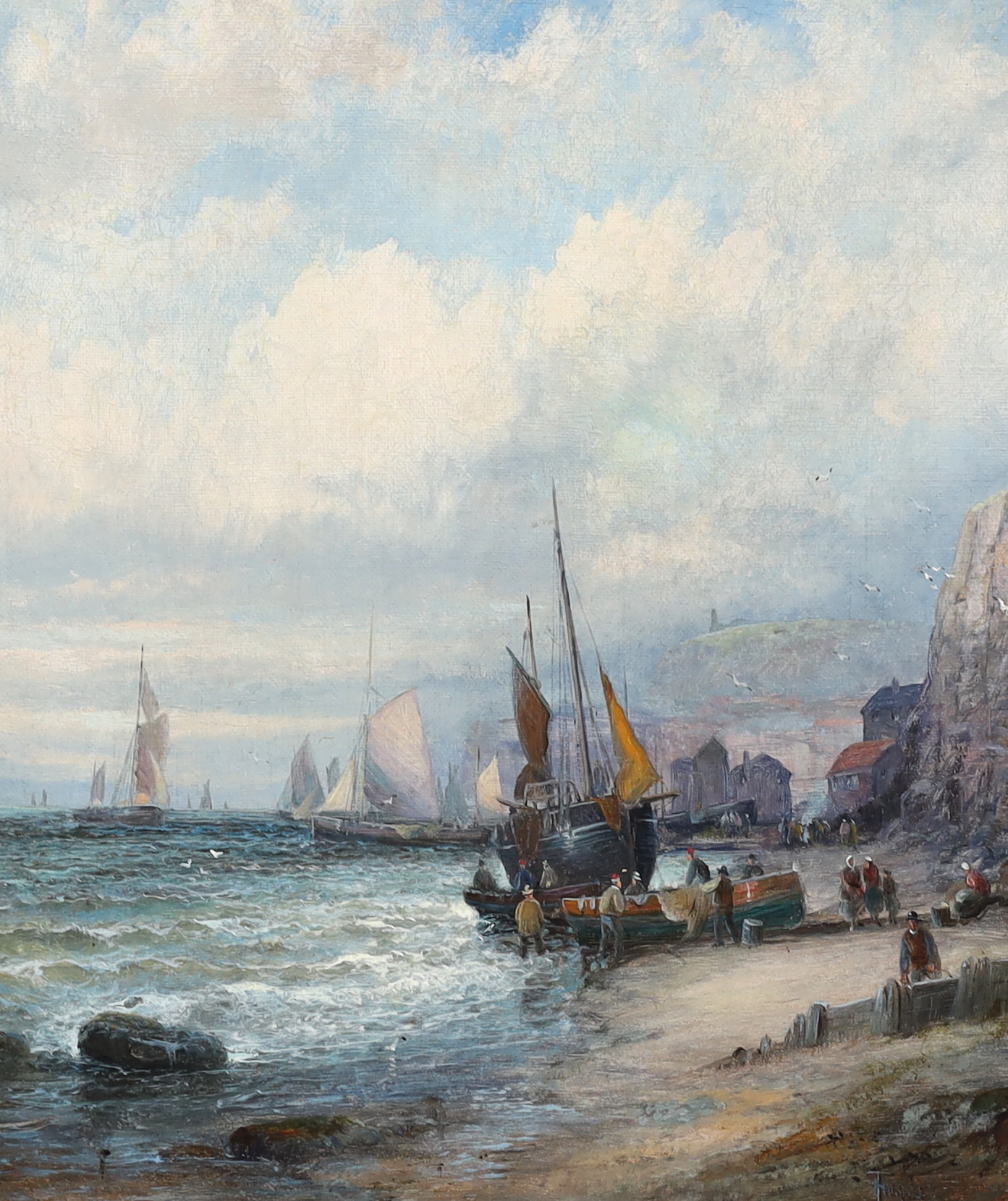 Hubert Thornley (William Anslow Thornley) (fl.1859-1898), Fisherfolk along the coast at Whitby by day and night, oils on canvas, a pair, 35 x 30cm